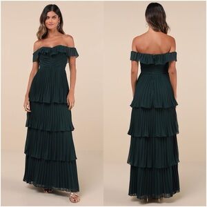 LULU’S Always Remarkable Emerald Pleated Off The Shoulder Maxi Dress